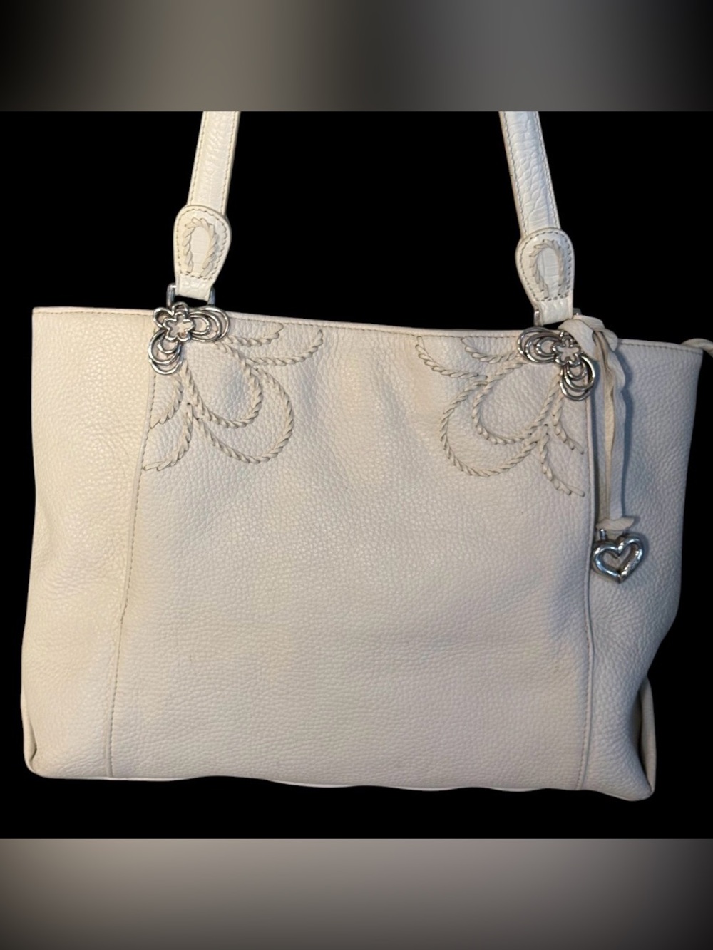 Brighton White Leather Tote Shoulder Bag Floral Heart Charm Organizer J917101